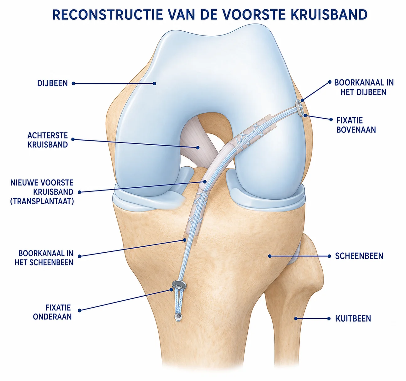 Illustratie van een nieuwe voorste kruisband door boorkanalen in dijbeen en scheenbeen